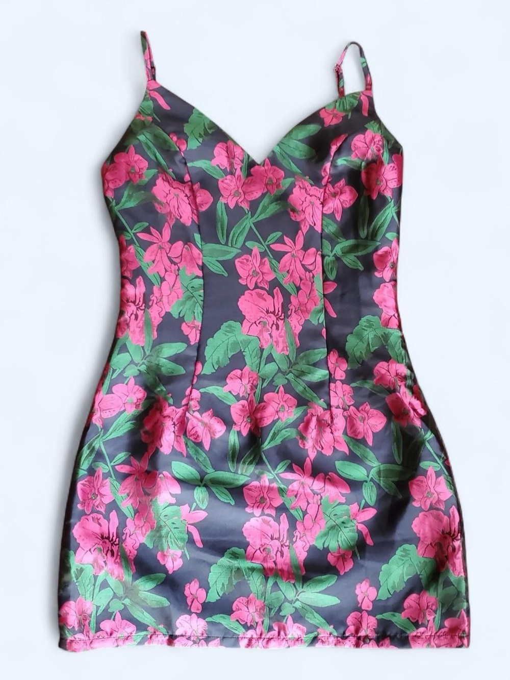 NWT Lulu's Black Satin Floral Slip Dress with Pink & Green Print